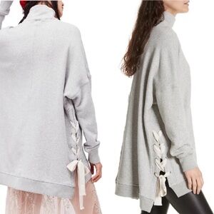 Free People So Plush Lace Up Pullover Sweater M Gray Mock Neck Long Sleeve